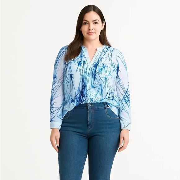 Calvin Klein Tops - Calvin Klein Blue and White Long Sleeve Graphic Blouse Size Large